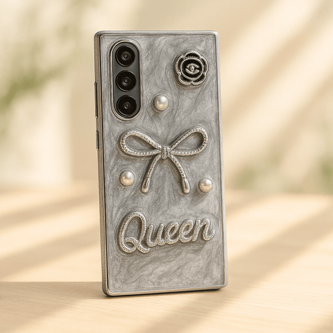 Luxury 3D Bow & Pearl Case for Samsung Galaxy Z Fold – Glam Marble Finish, Crystal “Queen” Badge, Slim Protective Design