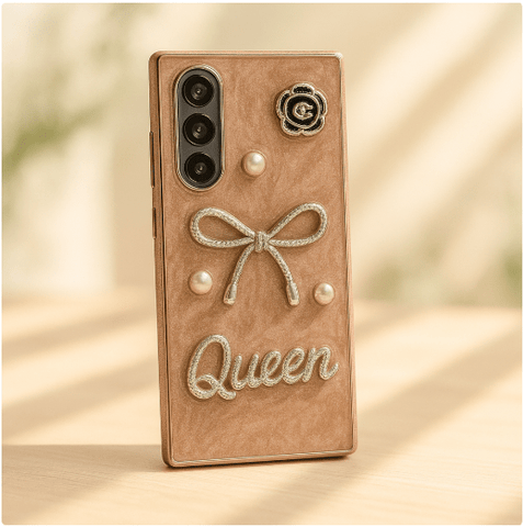 Luxury 3D Bow & Pearl Case for Samsung Galaxy Z Fold – Glam Marble Finish, Crystal “Queen” Badge, Slim Protective Design