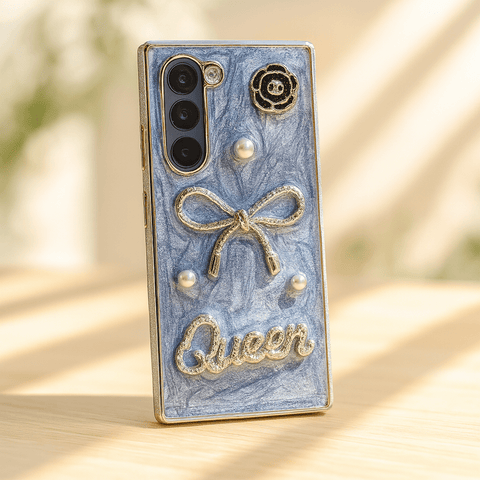 Luxury 3D Bow & Pearl Case for Samsung Galaxy Z Fold – Glam Marble Finish, Crystal “Queen” Badge, Slim Protective Design