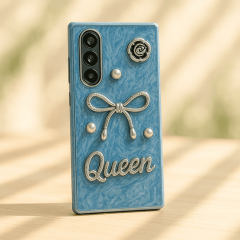 Luxury 3D Bow & Pearl Case for Samsung Galaxy Z Fold – Glam Marble Finish, Crystal “Queen” Badge, Slim Protective Design